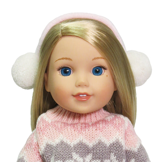 Pink and White Ear Muffs for 18 inch dolls with doll