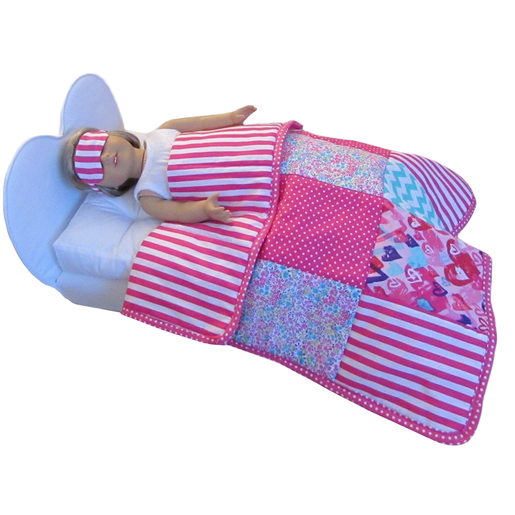 Pink and White Stripes Doll Sleep Mask, White Heart Doll Bed, Doll, Quilt for 18-inch dolls