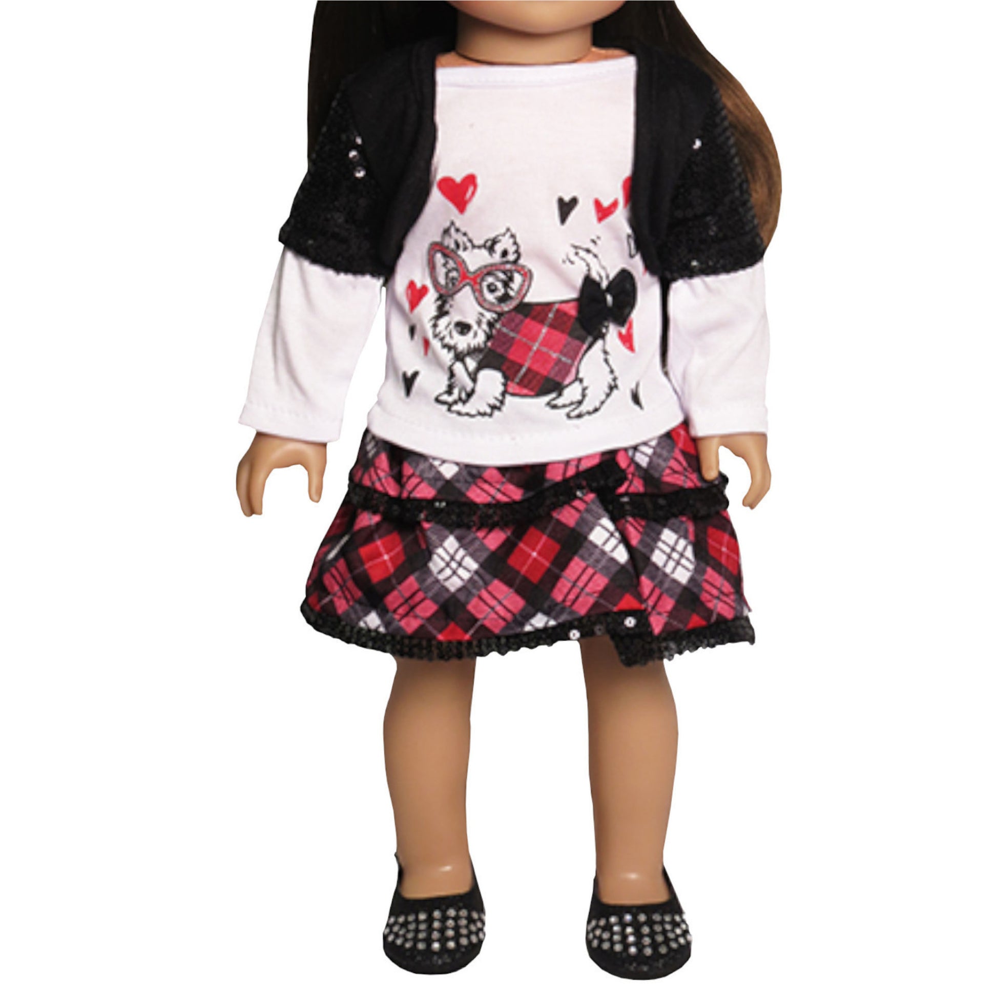 Plaid Glamour Puppy Outfit for 18-inch dolls with doll