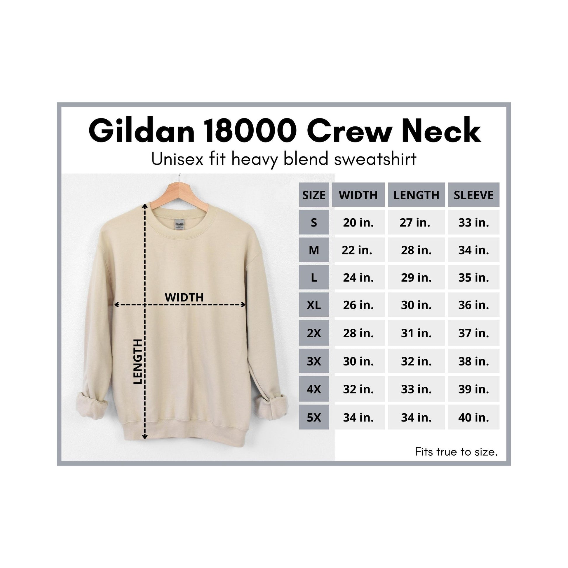 Gildan 18000 Crew Neck sweatshirt size chart with measurements.