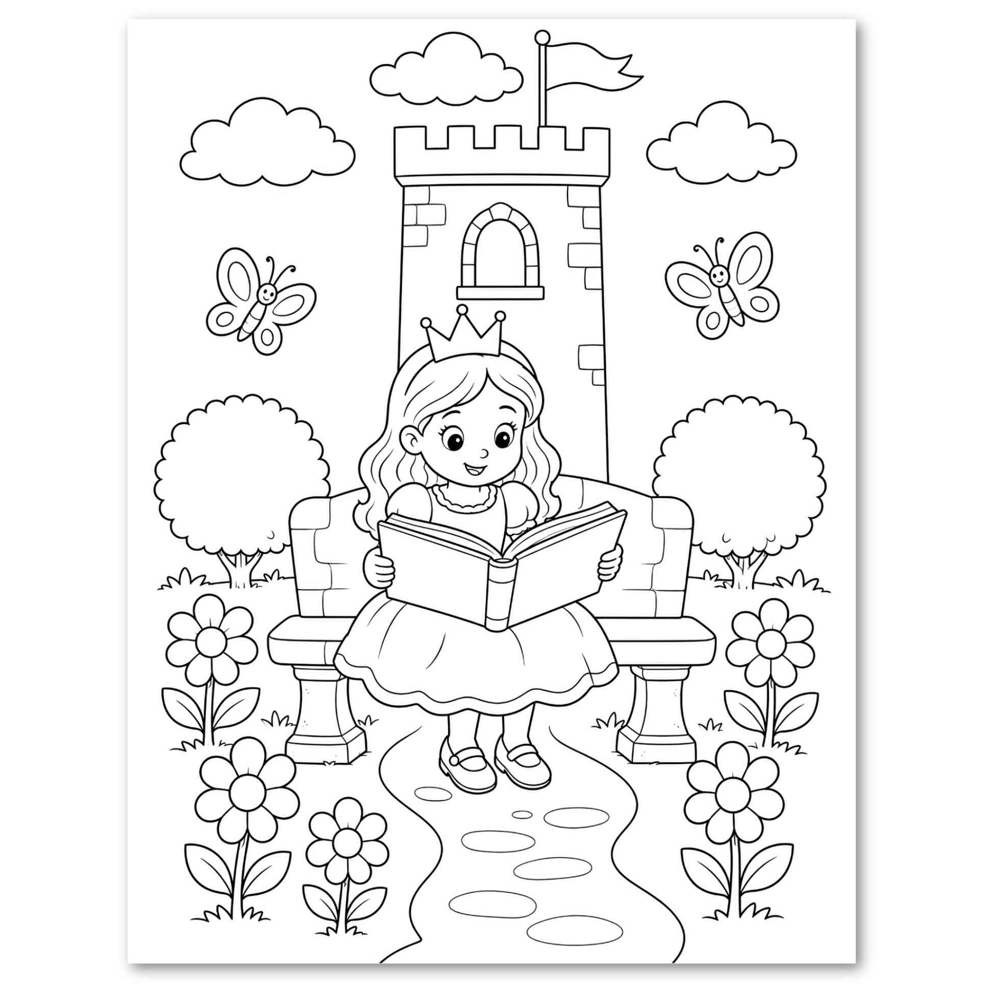 A black-and-white illustration of a princess reading a book in a castle garden.