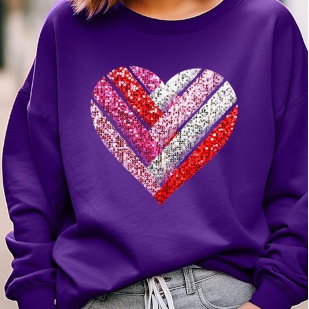 Purple Faux Sequins Striped Heart Graphic Sweatshirt