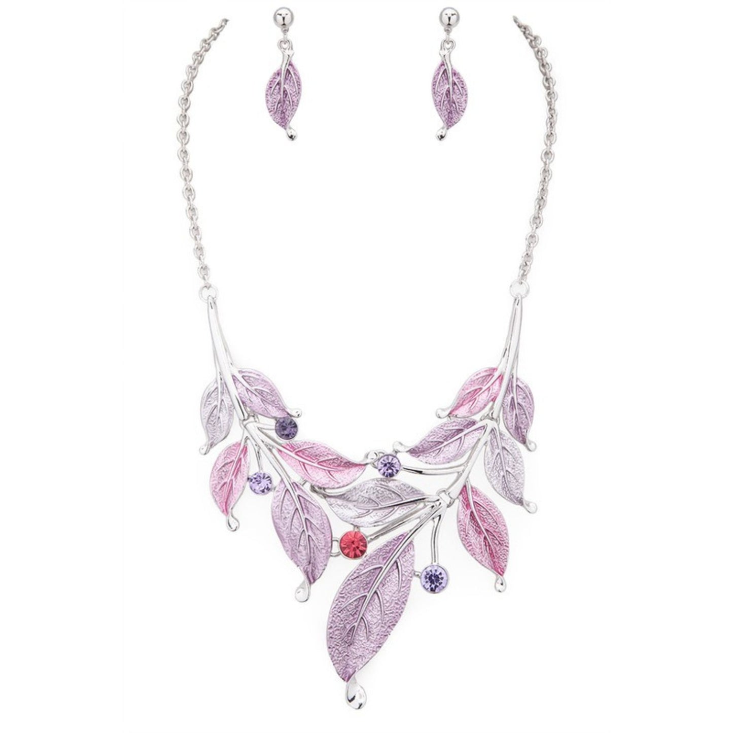 Purple Metal Leaf Statement Necklace Set