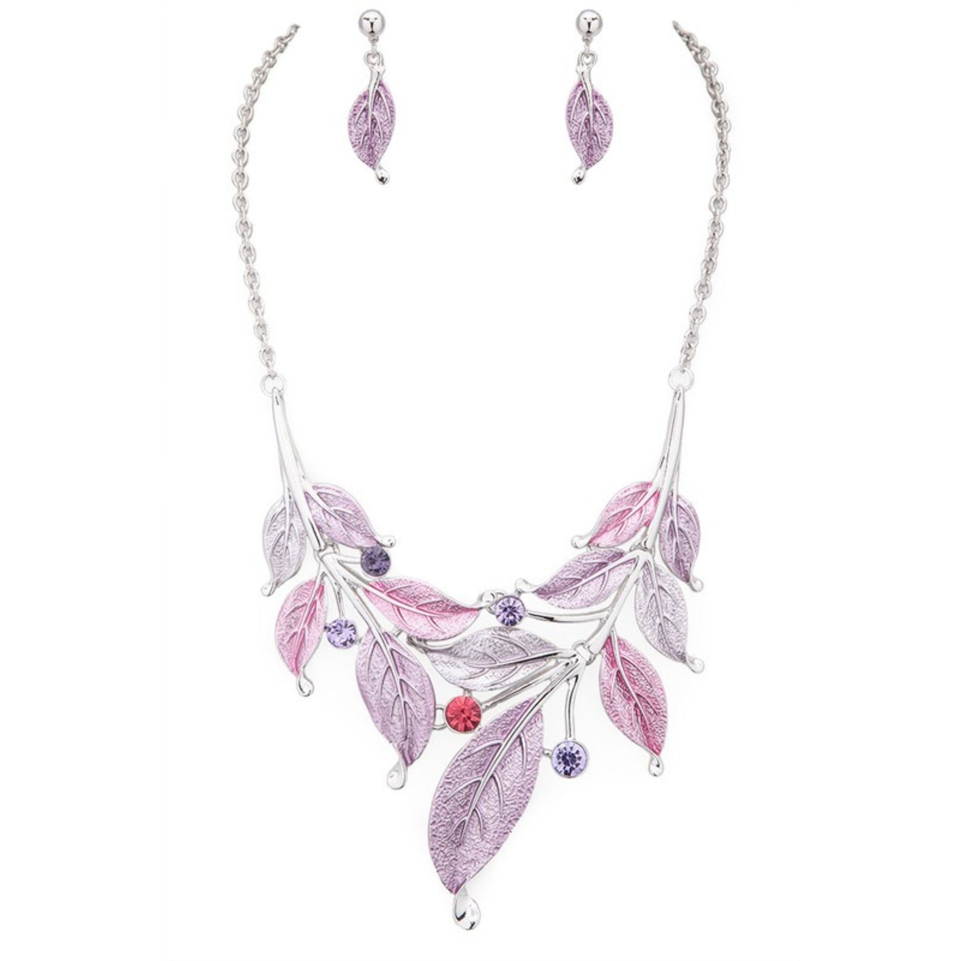 Purple Metal Leaf Statement Necklace Set