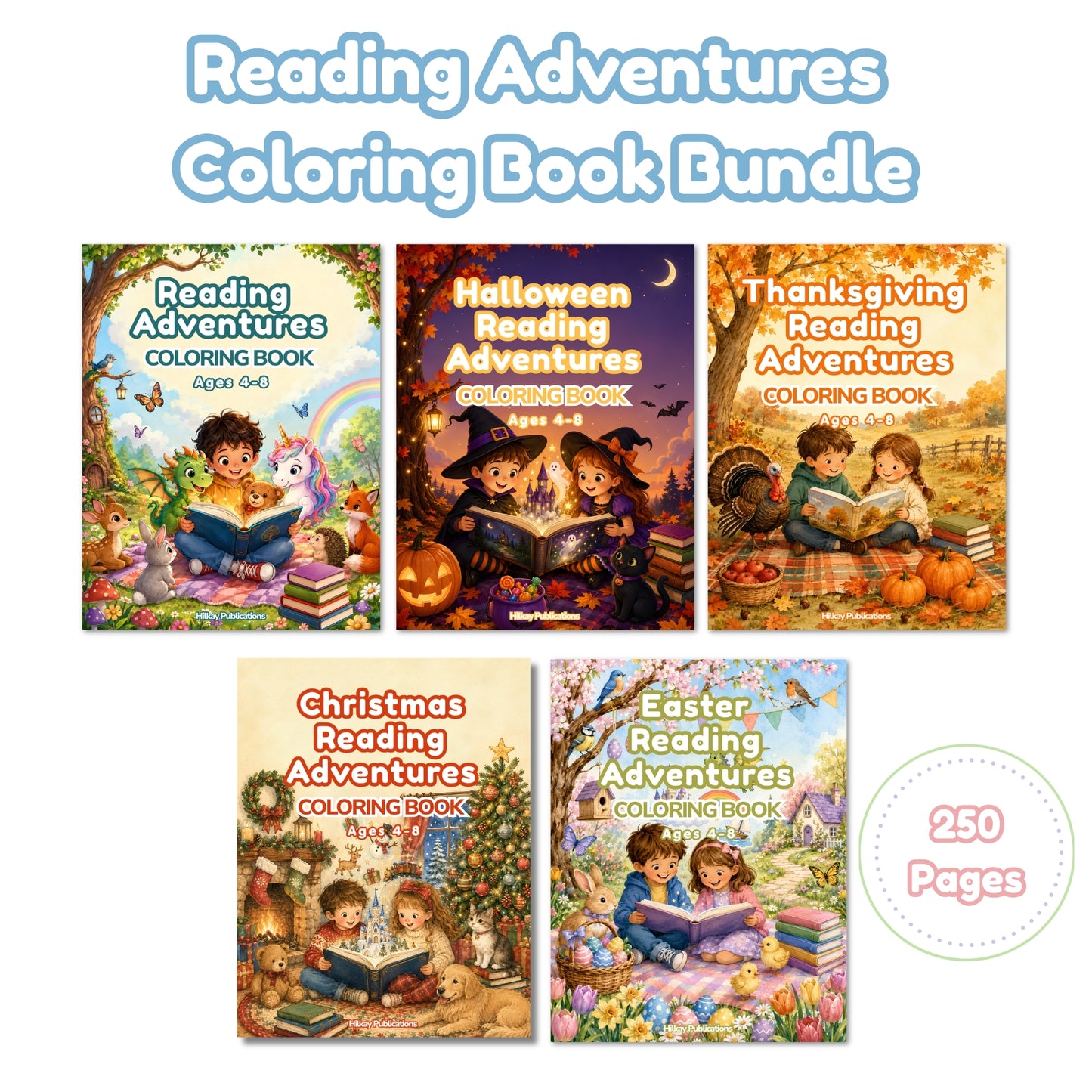 A promotional graphic for a 'Reading Adventures Coloring Book Bundle' showing five illustrated book covers arranged in a grid on a white background. The covers feature seasonal and holiday themes: Reading Adventures (200+50), Halloween Reading Adventures (April 6), Thanksgiving Reading Adventures, Christmas Reading Adventures, and Easter Reading Adventures.