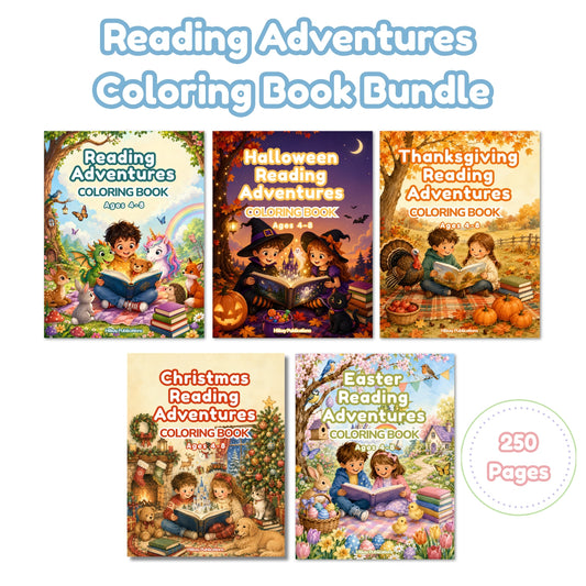 A promotional graphic for a 'Reading Adventures Coloring Book Bundle' showing five illustrated book covers arranged in a grid on a white background. The covers feature seasonal and holiday themes: Reading Adventures (200+50), Halloween Reading Adventures (April 6), Thanksgiving Reading Adventures, Christmas Reading Adventures, and Easter Reading Adventures.