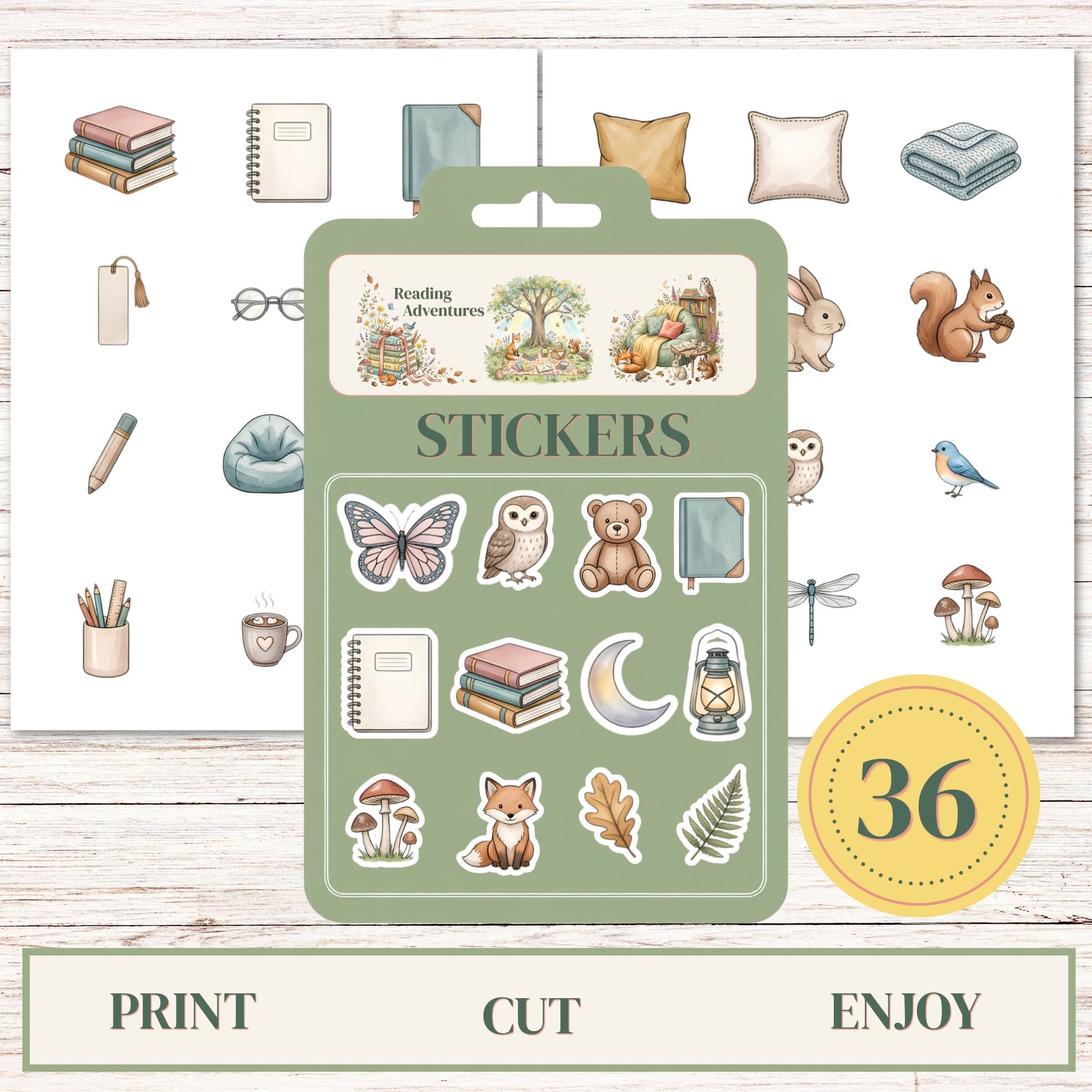 A sticker sheet set displayed on a light wood background, featuring a central green packaging card labeled 'STICKERS' with woodland and school-themed illustrations, plus two white sticker sheets behind it showing additional stickers like books, a butterfly, owl, bear, squirrel, glasses, pencil, mug, and a yellow badge reading '36'.