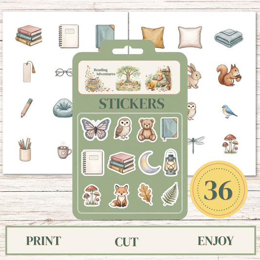 A sticker sheet set displayed on a light wood background, featuring a central green packaging card labeled 'STICKERS' with woodland and school-themed illustrations, plus two white sticker sheets behind it showing additional stickers like books, a butterfly, owl, bear, squirrel, glasses, pencil, mug, and a yellow badge reading '36'.