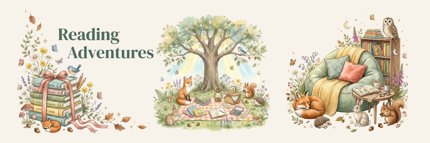A whimsical watercolor-style illustration banner with the text 'Reading Adventures' and three cozy book-themed scenes: stacked books with a ribbon, a tree with children reading under leaves, and a sofa surrounded by animals and books.