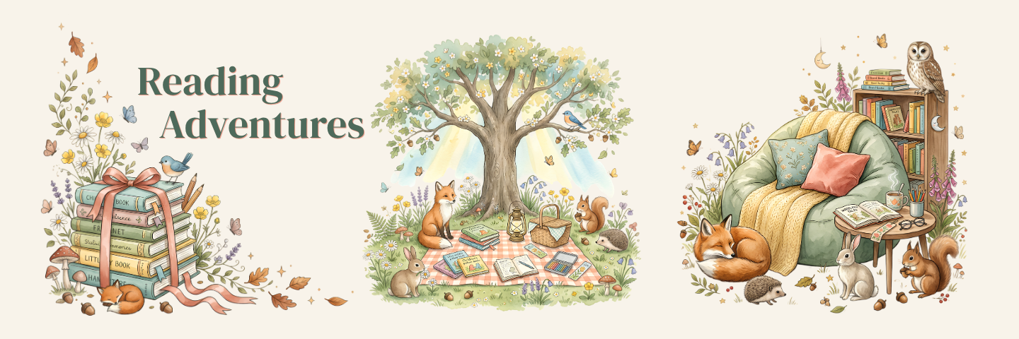 A whimsical watercolor-style illustration banner with the text 'Reading Adventures' and three cozy book-themed scenes: stacked books with a ribbon, a tree with children reading under leaves, and a sofa surrounded by animals and books.