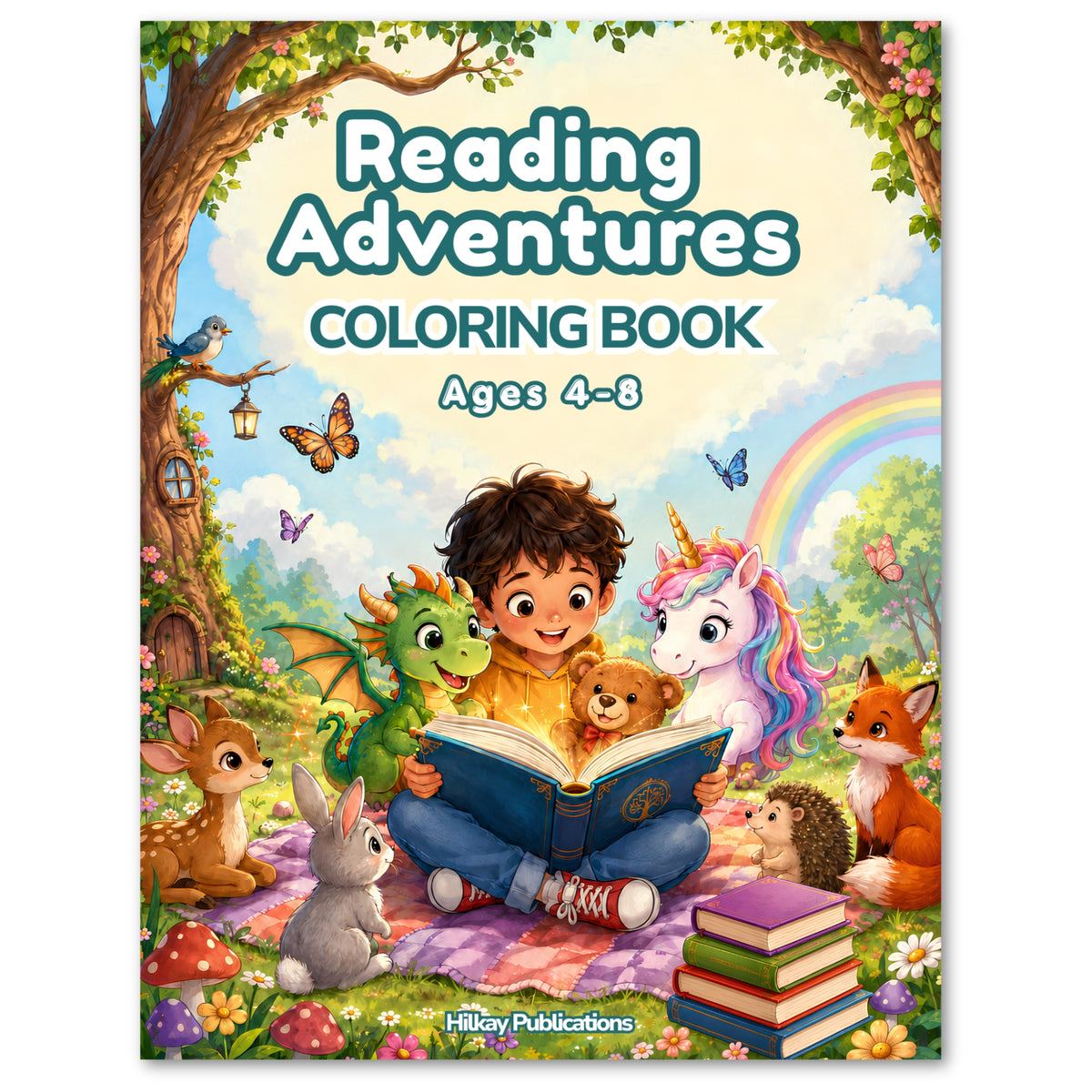 Front cover of the children's coloring book 'Reading Adventures Coloring Book' by Hilkay Publications, featuring a whimsical illustration of a child reading with fantasy creatures like a dragon, unicorn, rabbit, fox, hedgehog, and duckling in a forest scene.