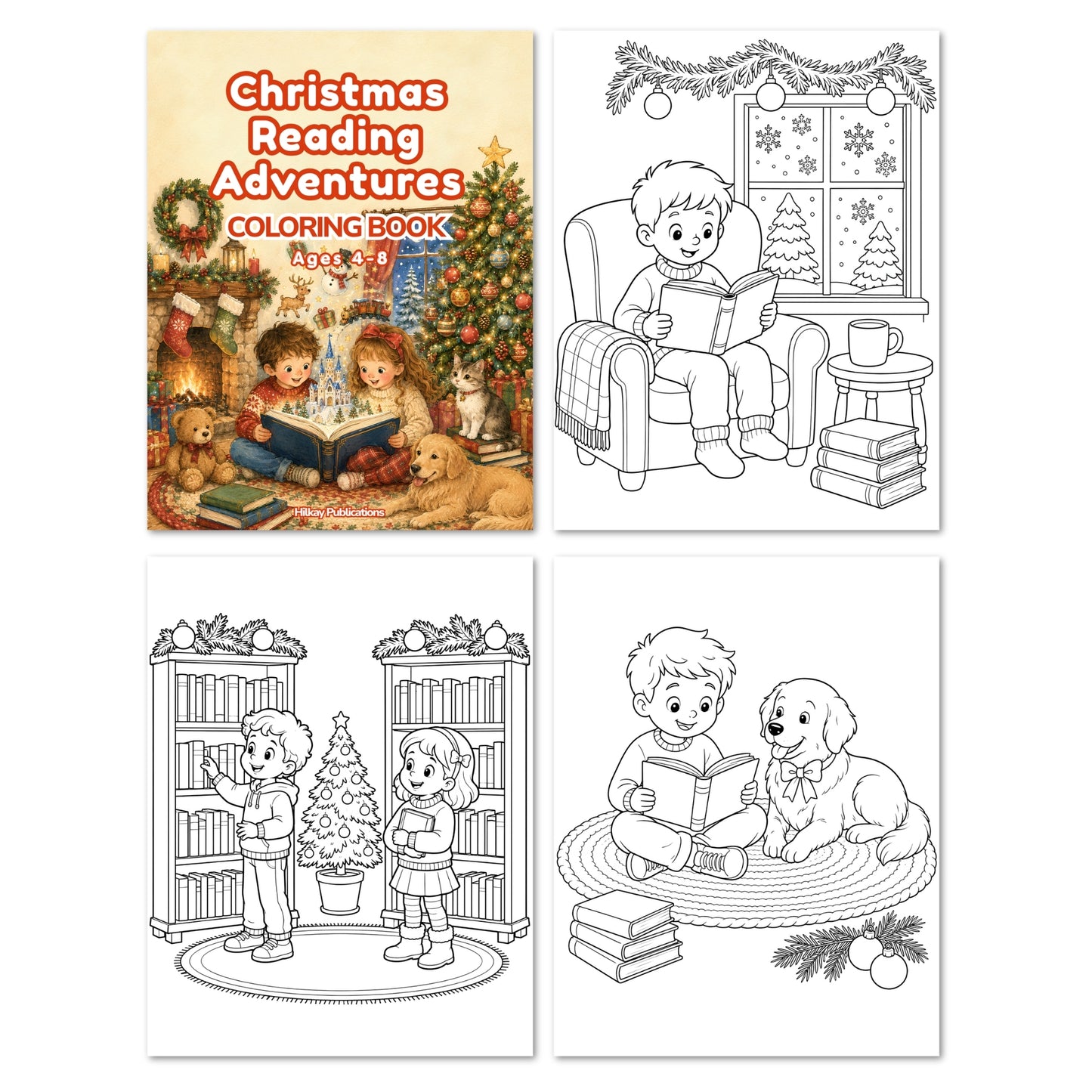 Four illustrated book covers or coloring-page style covers arranged in a 2x2 grid. The top-left cover reads 'Christmas Reading Adventures Coloring Book' and shows a festive holiday scene with children, a dog, teddy bears, and a Christmas tree.