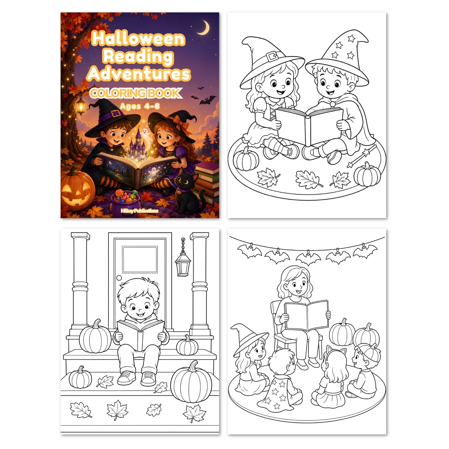 Four-panel preview of a Halloween-themed reading coloring book. The top-left panel shows the colorful cover with the title 'Halloween Reading Adventures Coloring Book Ages 4-9' and illustrated children reading.