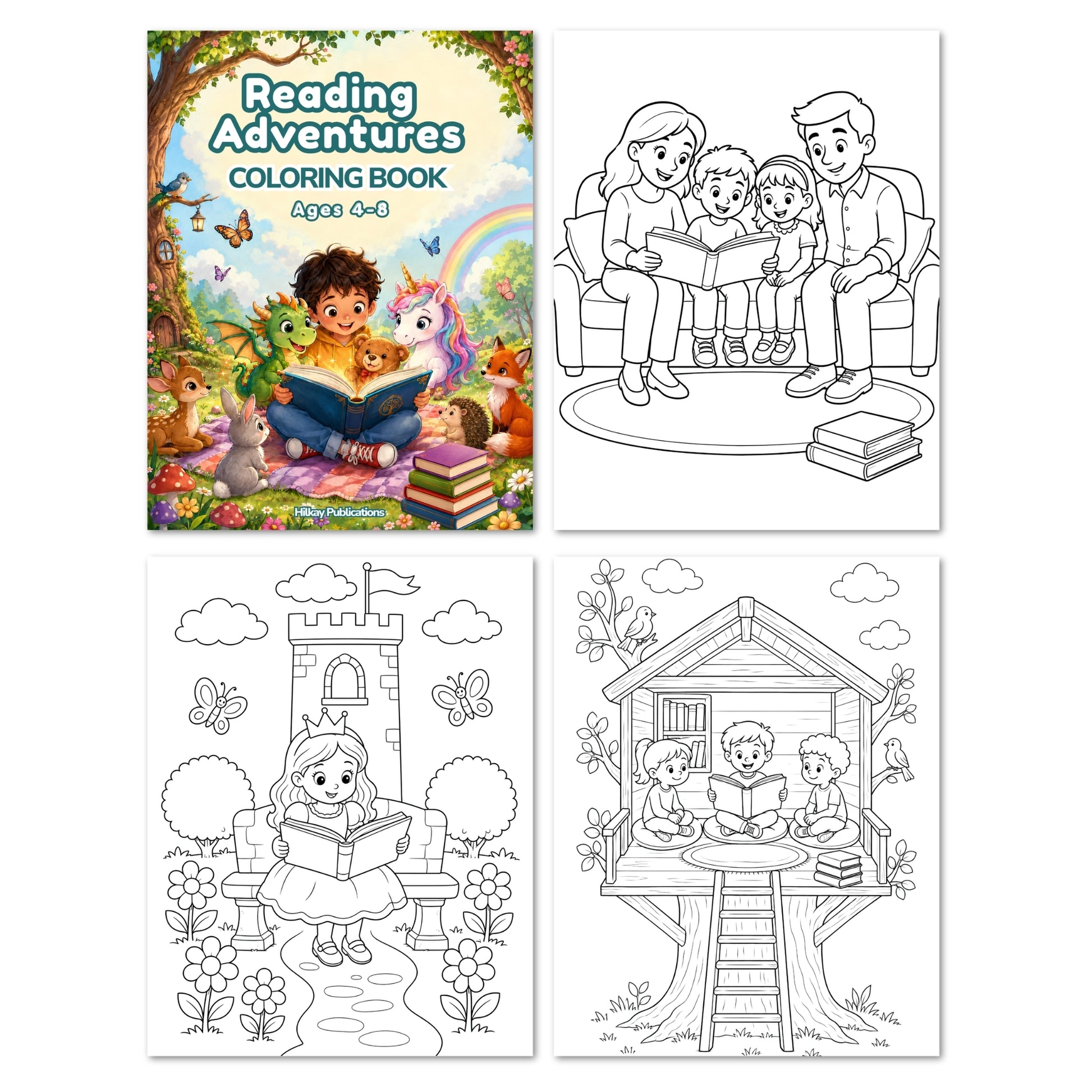 A children's coloring book set titled 'Reading Adventures Coloring Book' shown with its illustrated cover and three black-and-white line-art page previews featuring family reading, a princess reading by a castle, and children reading in a treehouse.
