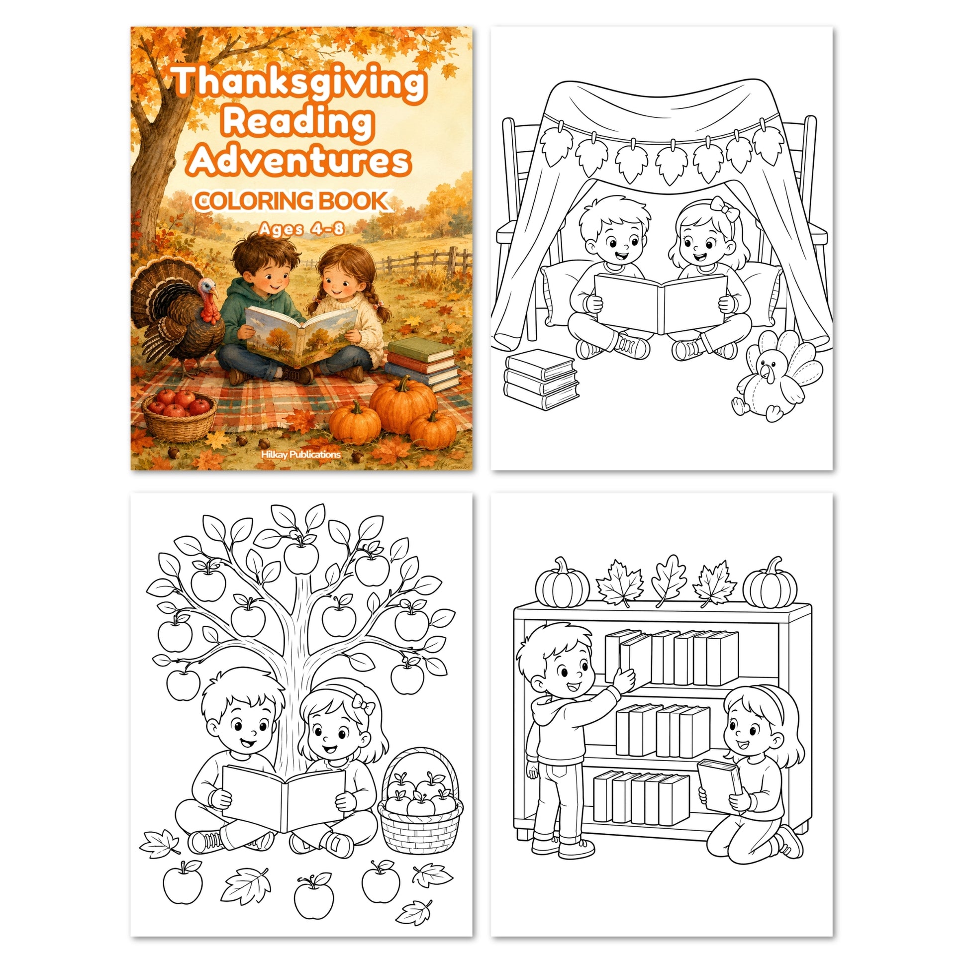 Four printable coloring-book pages themed around Thanksgiving reading adventures, shown with one colored cover sample and three black-and-white line-art page previews on a white background.