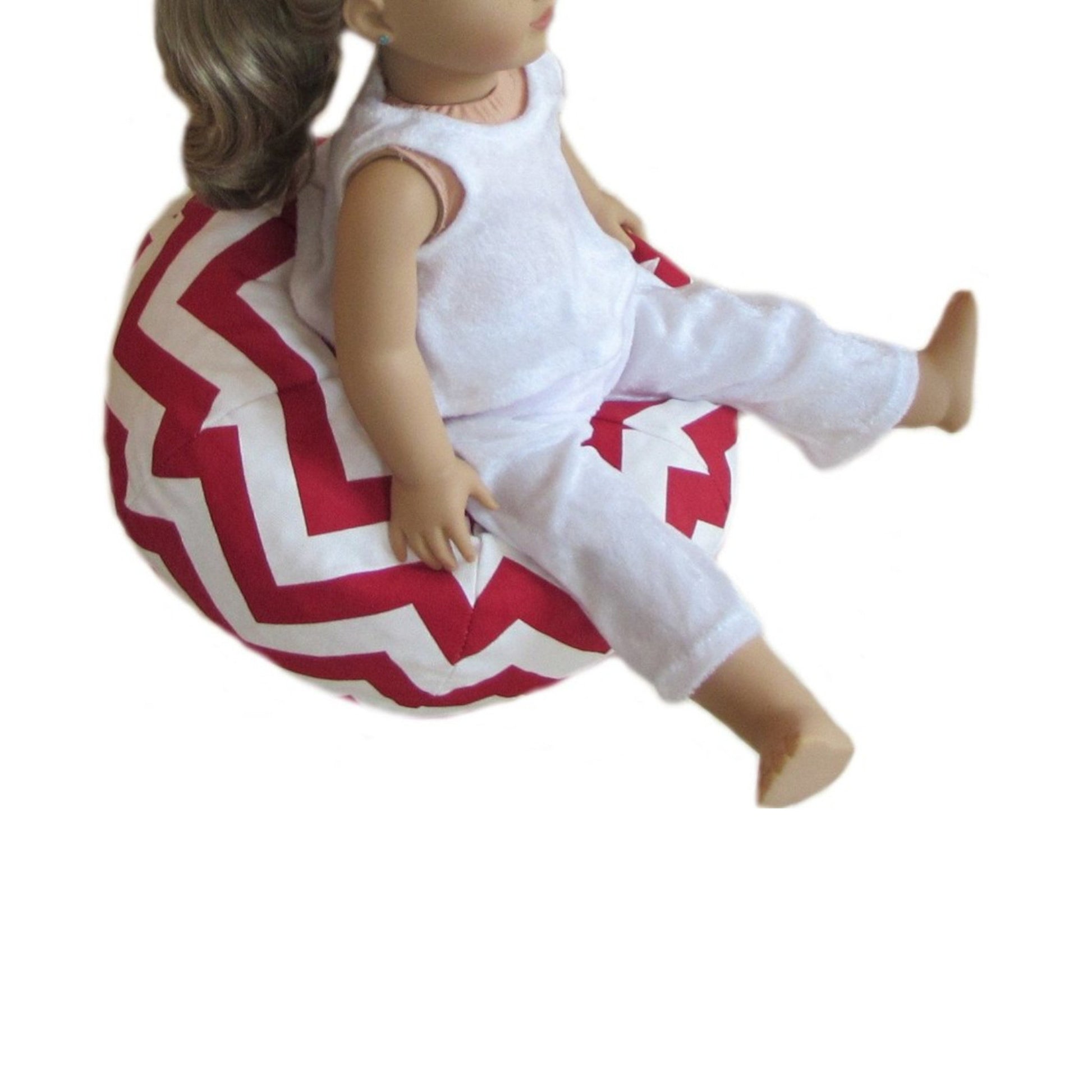 Red Chevron Doll Bean Bag Chair for 18-inch dolls with doll Side view