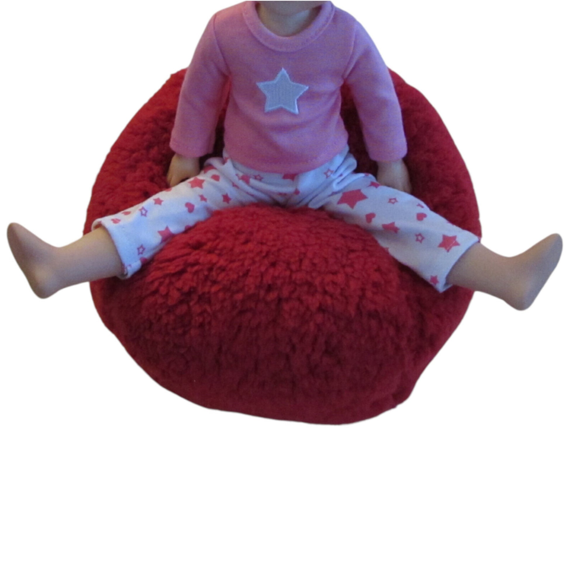 Red Faux Fur Sherpa Doll Bean Bag Chair for 14 1/2-inch dolls with doll