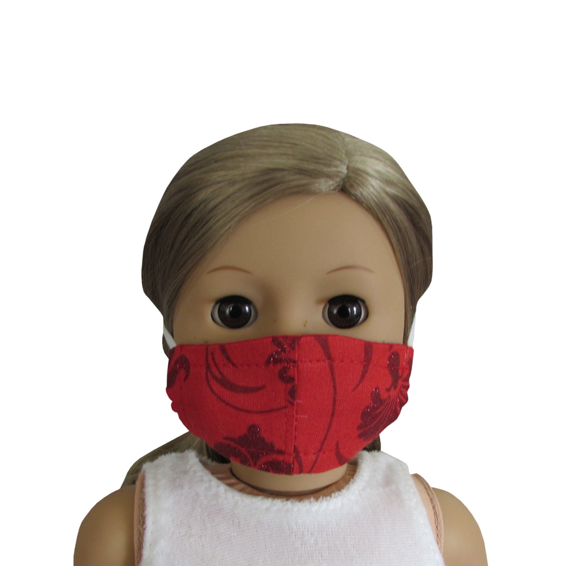 Red Floral Metallic Print Doll Face Mask for 18-inch dolls with American Girl doll Front