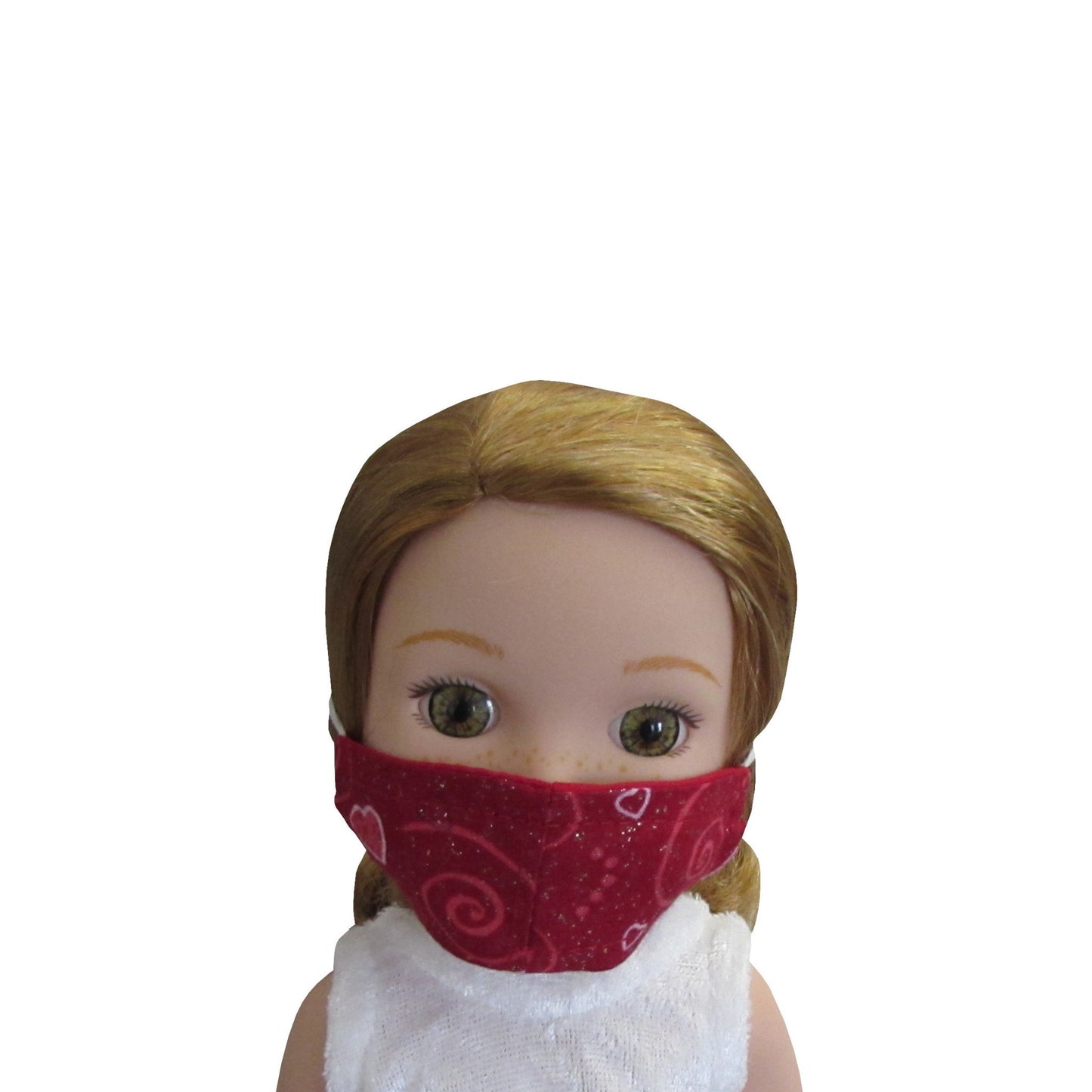 Red Hearts and Swirls Metallic Print Doll Face Mask for 14 1/2-inch dolls with Wellie Wishers doll Front