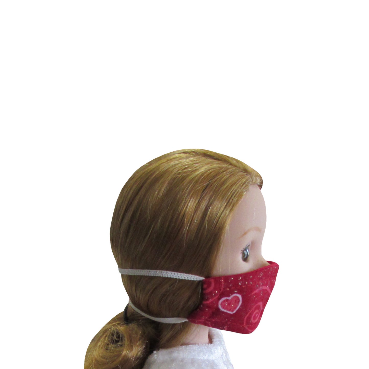 Red Hearts and Swirls Metallic Print Doll Face Masks for 14 1/2-inch dolls with Wellie Wishers doll Side