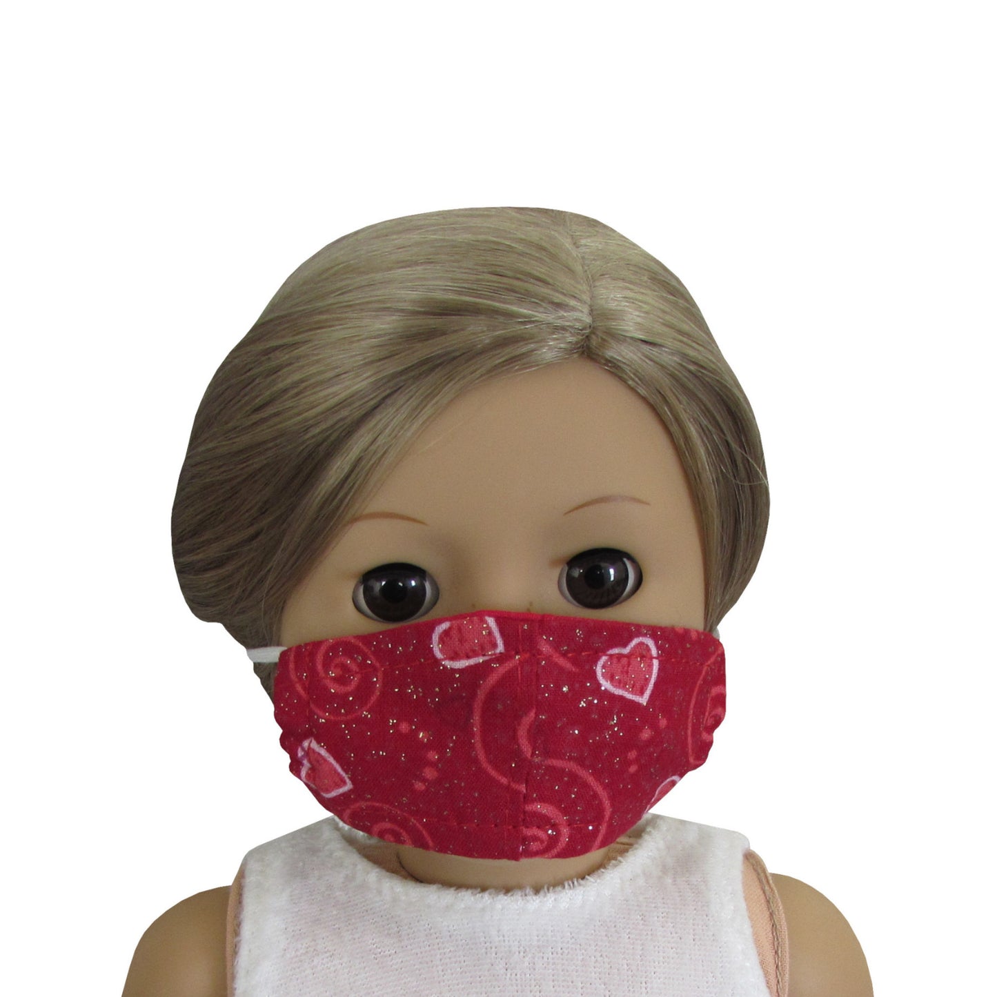 Red Hearts and Swirls Metallic Print Doll Face Mask for 18-inch dolls with American Girl Doll Front