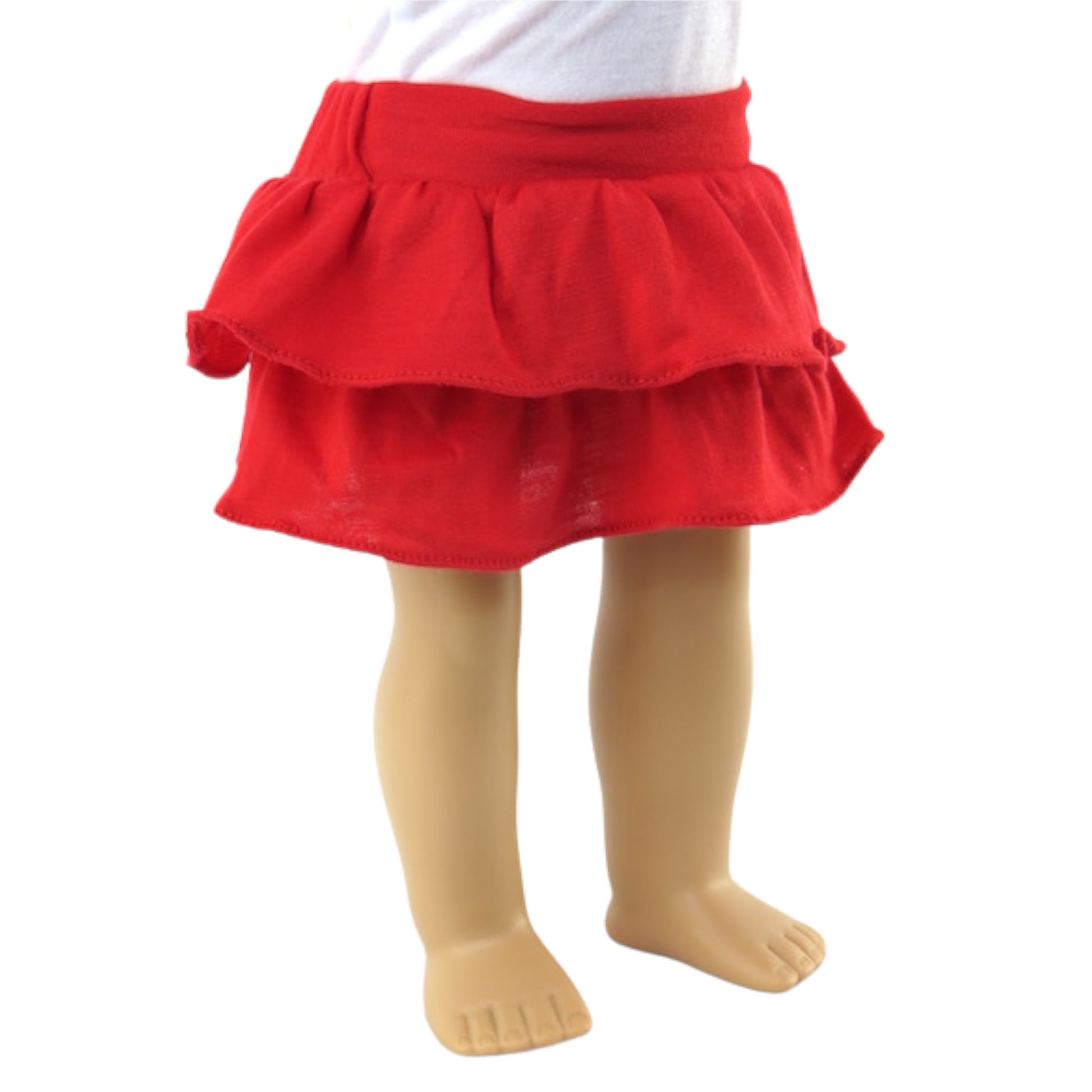 Red Layered Skirt for 18-inch dolls wwith doll Front view