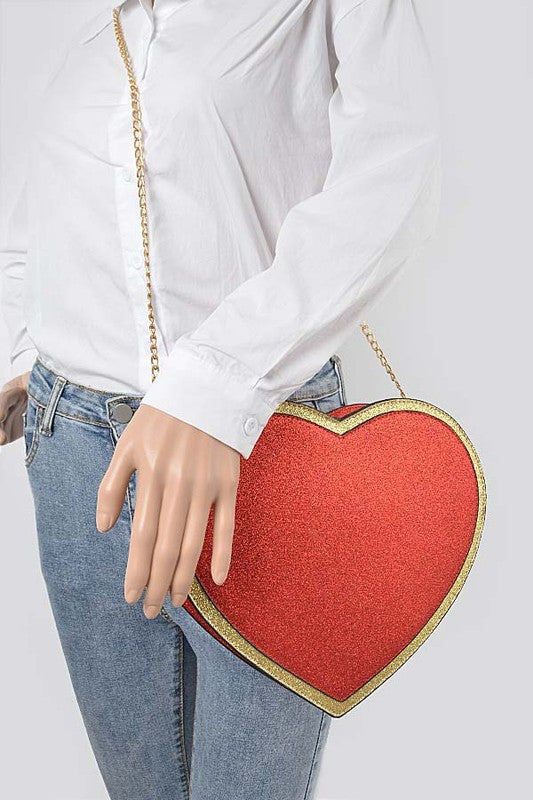 Red Glitter Heart Shape Novelty Crossbody Bag on Mannequin