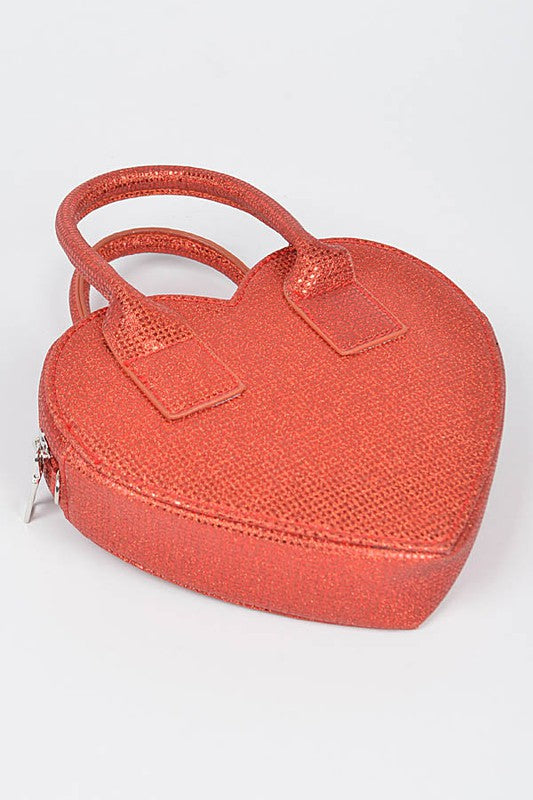 Red Glitter Top Handle Heart Shape Swing Bag Flat