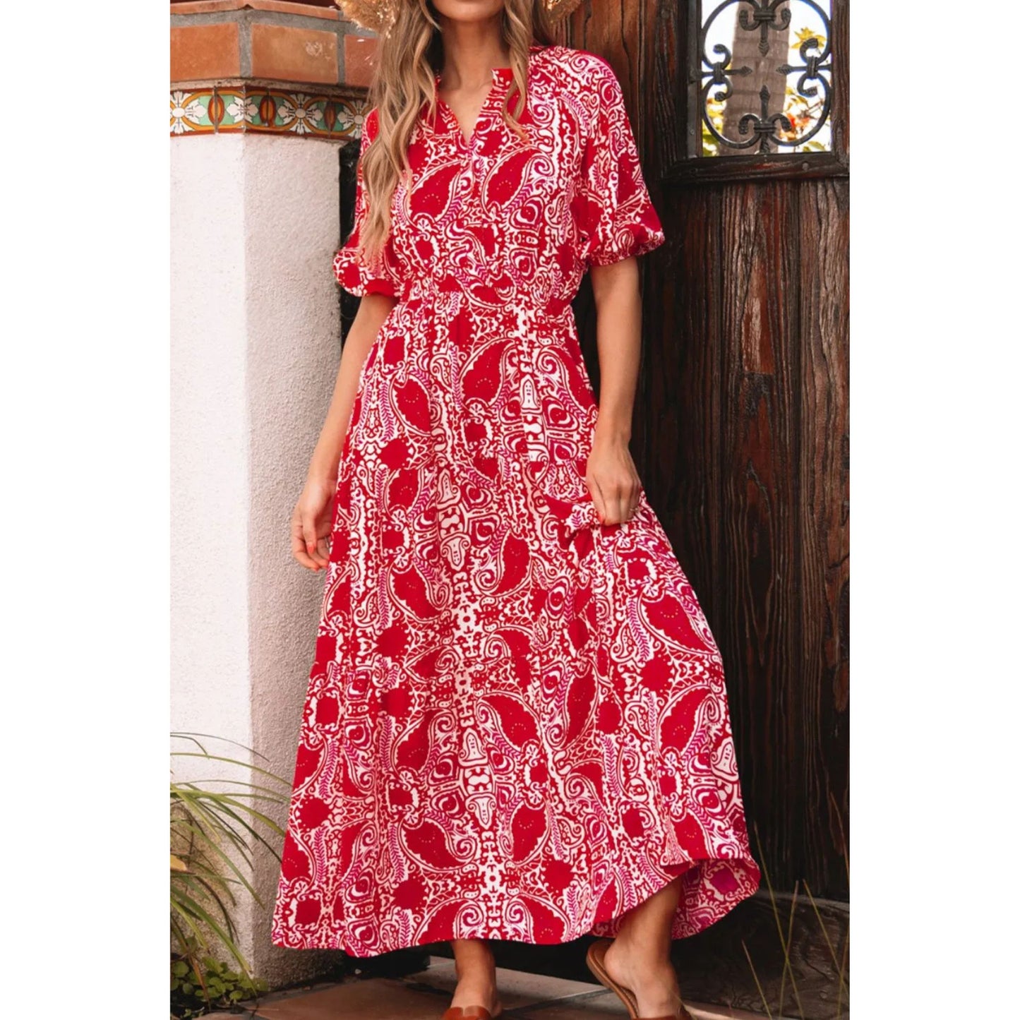 Paisley Print Side Slit Puff Sleeve High Waist Maxi Dress