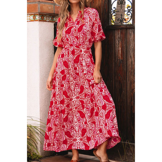 Paisley Print Side Slit Puff Sleeve High Waist Maxi Dress