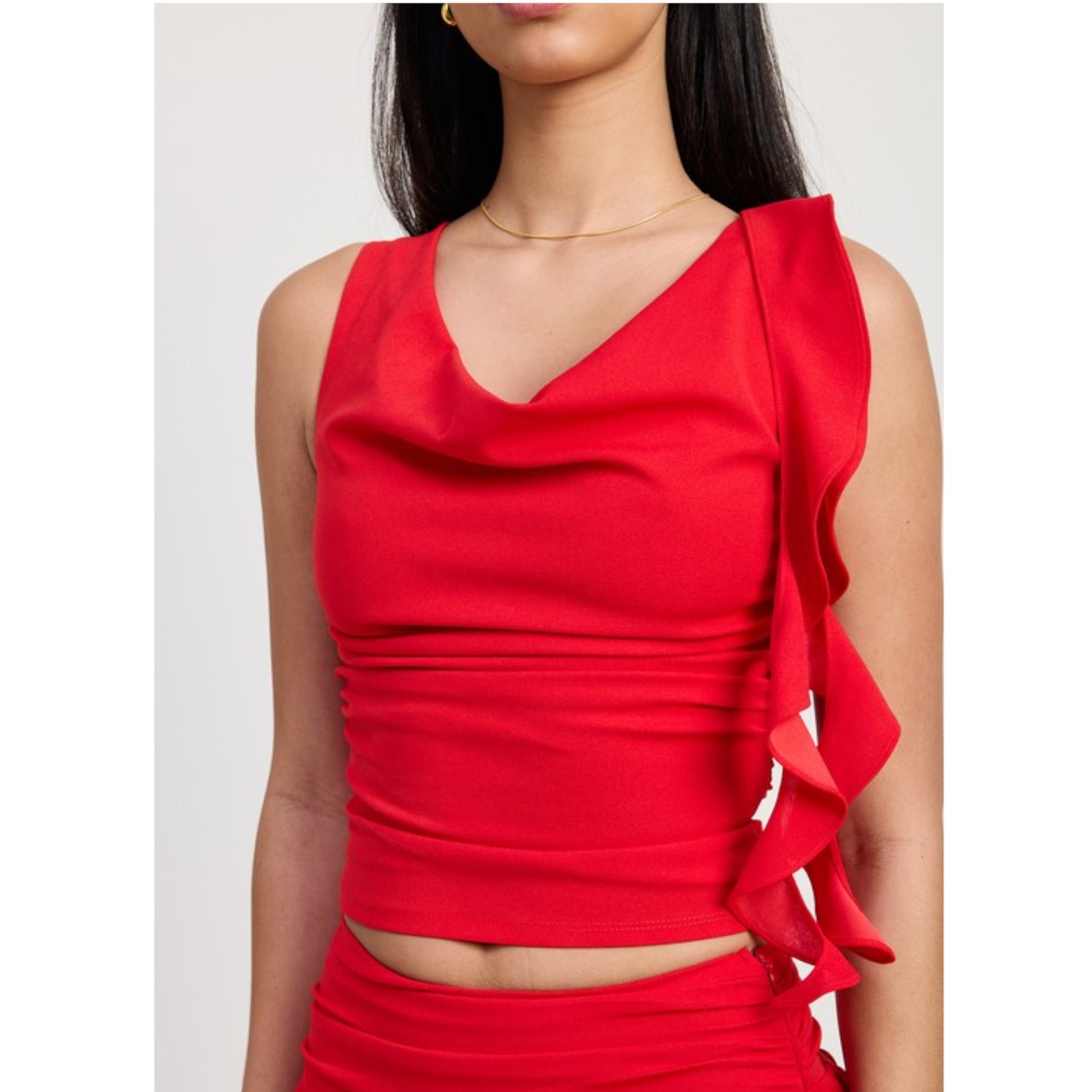Sleeveless Cowl Neck Top Front view Up Close