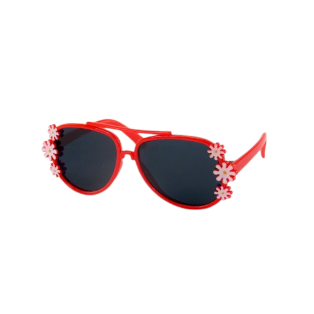 Red doll sunglasses adorned with white daisies around the rims, featuring dark tinted lenses and thin temples, are shown on a plain white background.