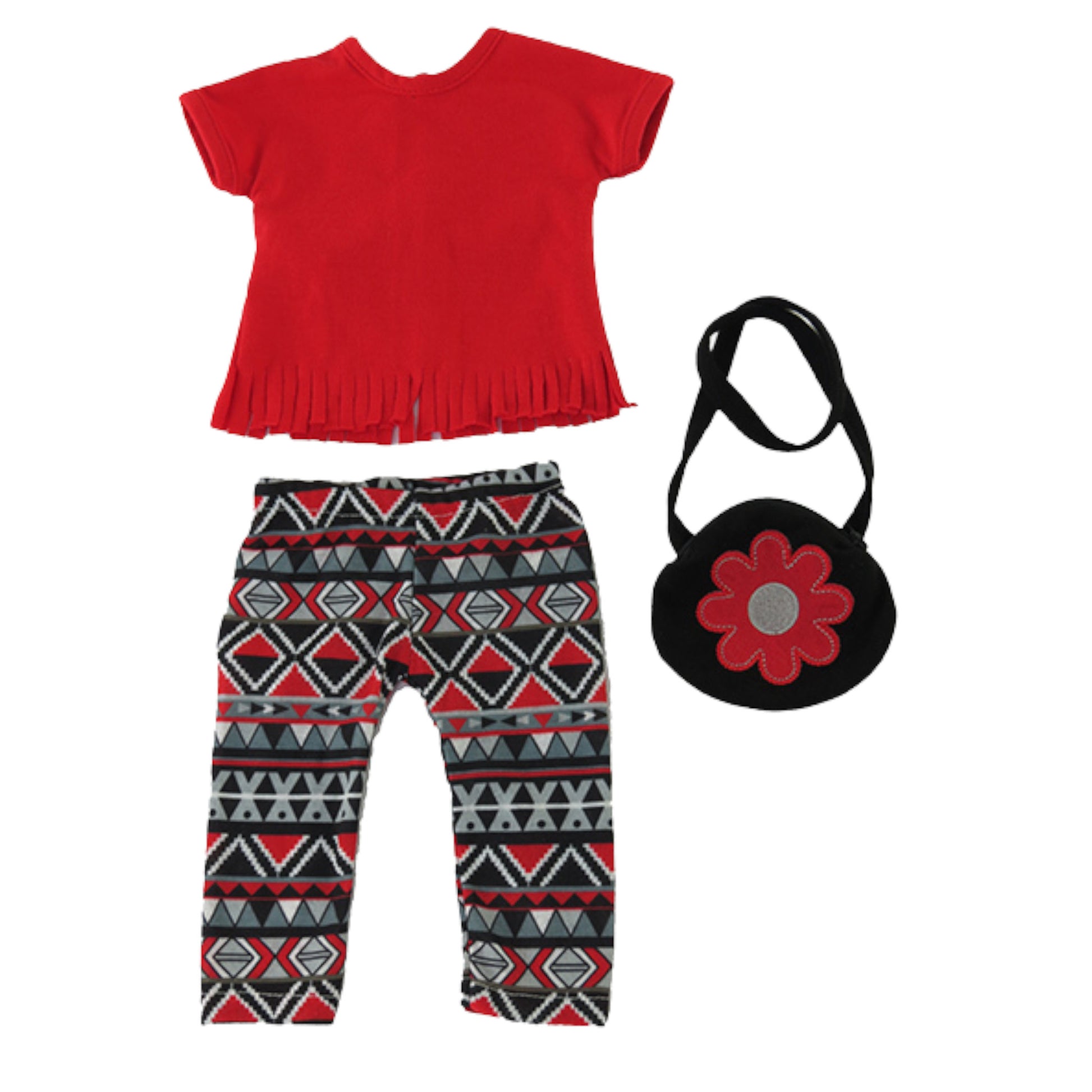Red and Black Print Pants Set with Purse for 18-inch dolls Flat