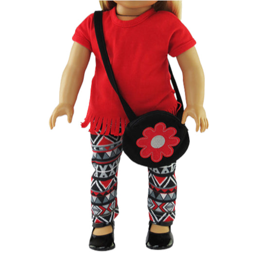 Red and Black Print Pants Set with Purse for 18-inch dolls with doll