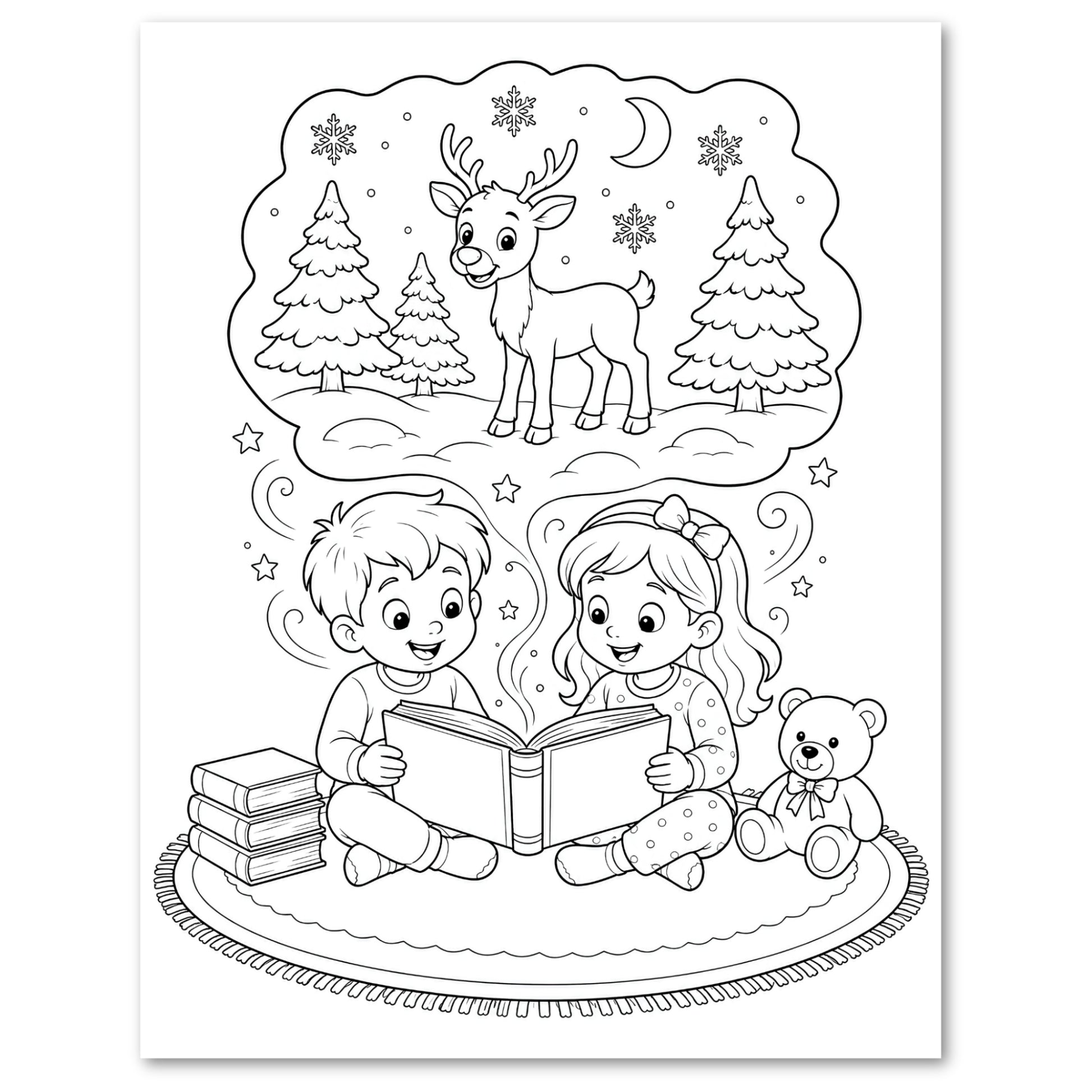 Black and white coloring page illustration of two children sitting on a rug and reading a book, with a thought bubble above showing a reindeer in a snowy forest at night.