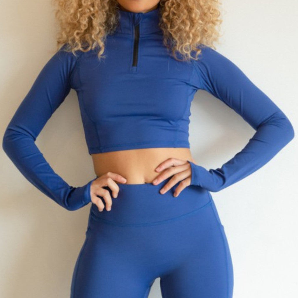 Royal Blue Long Sleeve Half Sleeve Half Zip Thumb Hole Crop Sport Top Front view