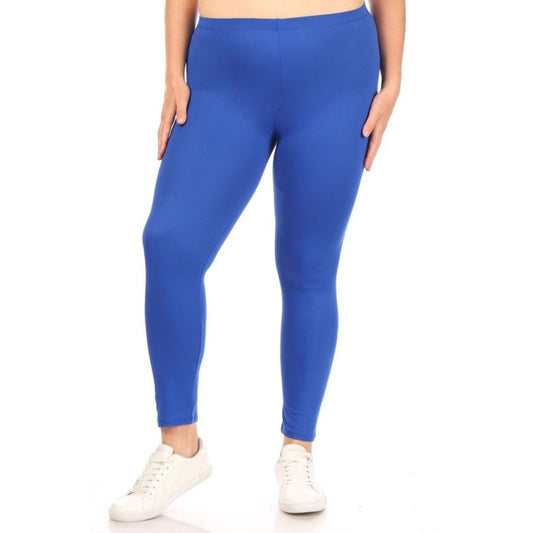 Person wearing bright blue leggings on a white background