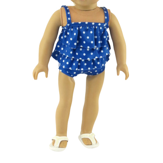 Royal Blue Polka Dot Two Piece Ruffle Bathing Suit for 18 inch dolls with doll