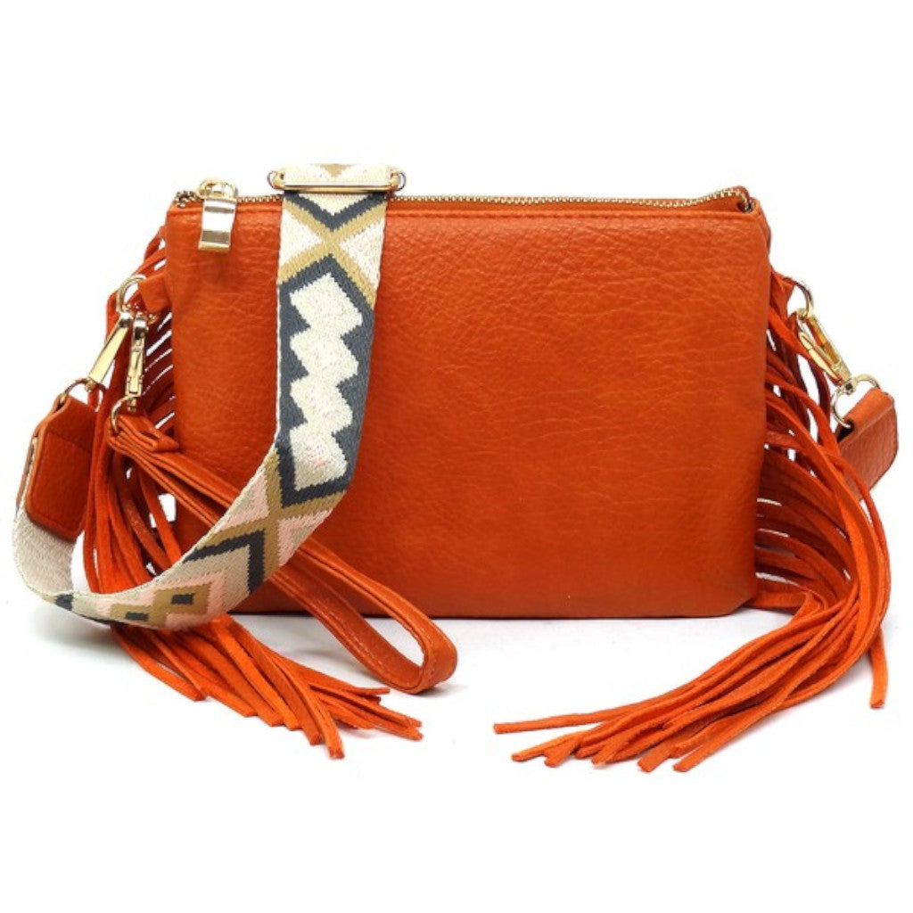 Rust Aztec Guitar Strap Fringe Clutch Crossbody