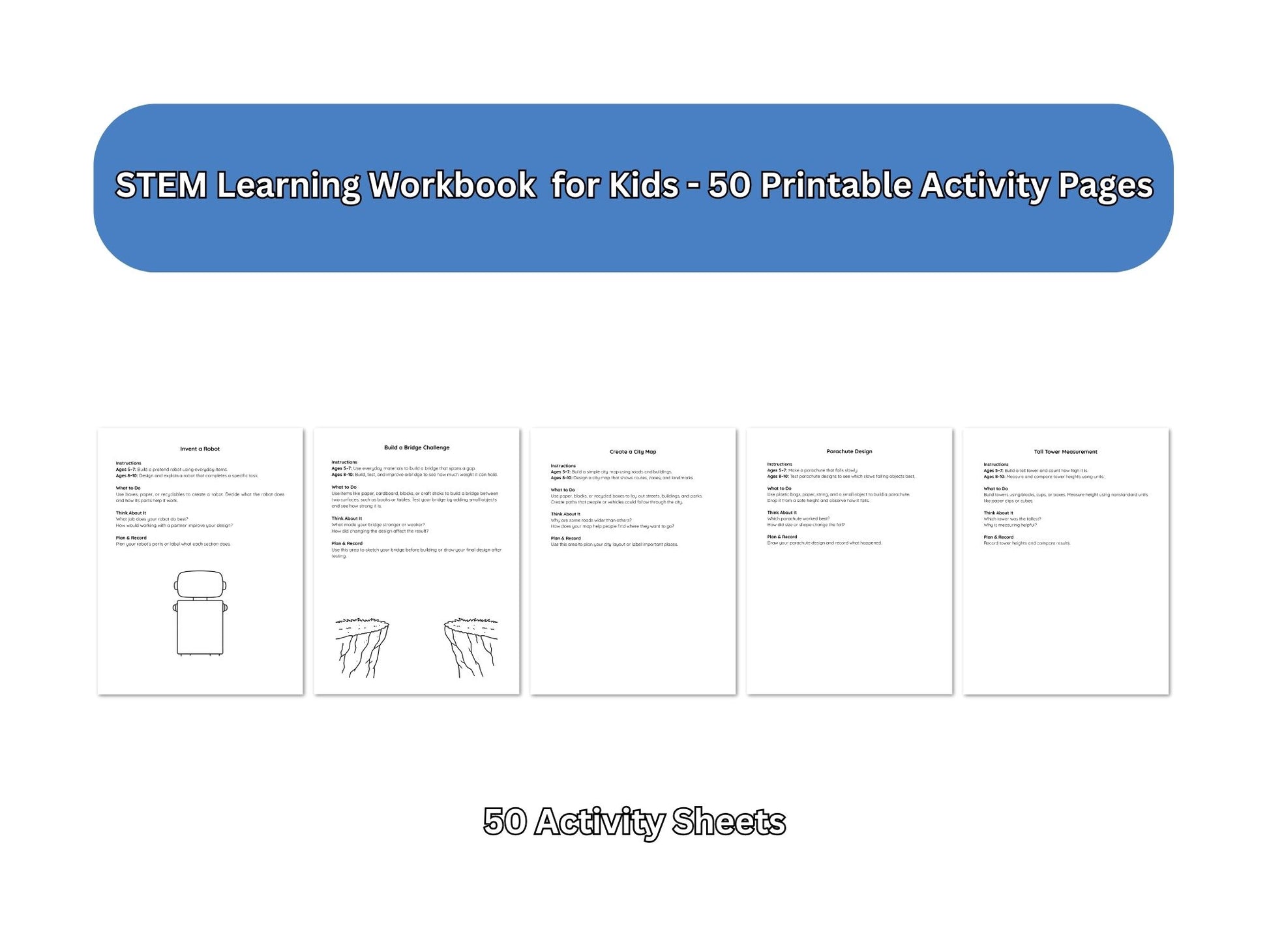 STEM Learning Workbook for Kids with 50 printable activity pages on a white background
