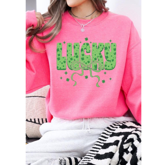 Safety Pink Coquette Lucky Bow Graphic Sweatshirt 