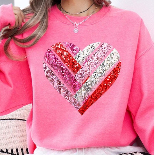 Safety Pink Faux Sequins Striped Heart Graphic Sweatshirt