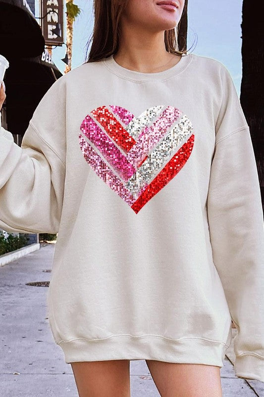 Sand Faux Sequins Striped Heart Graphic Sweatshirt