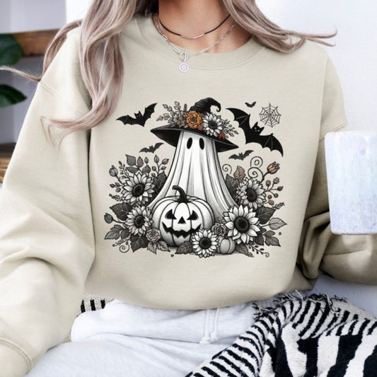 Beige sweatshirt with Halloween-themed design featuring a ghost, pumpkin, and flowers.