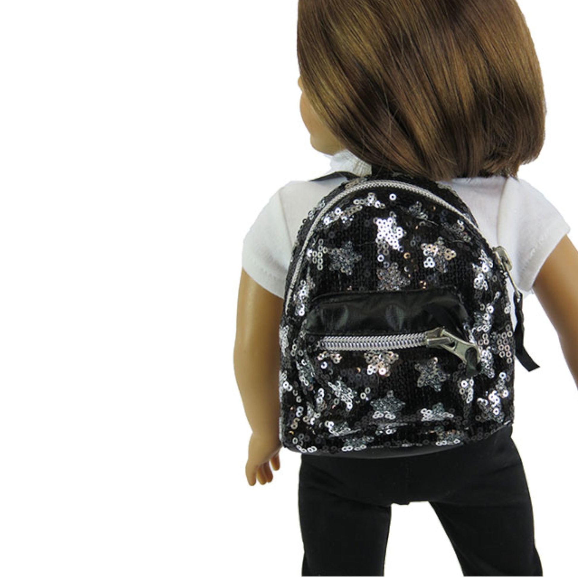 Sequin Star Backpack for 18 inch dolls on doll's back