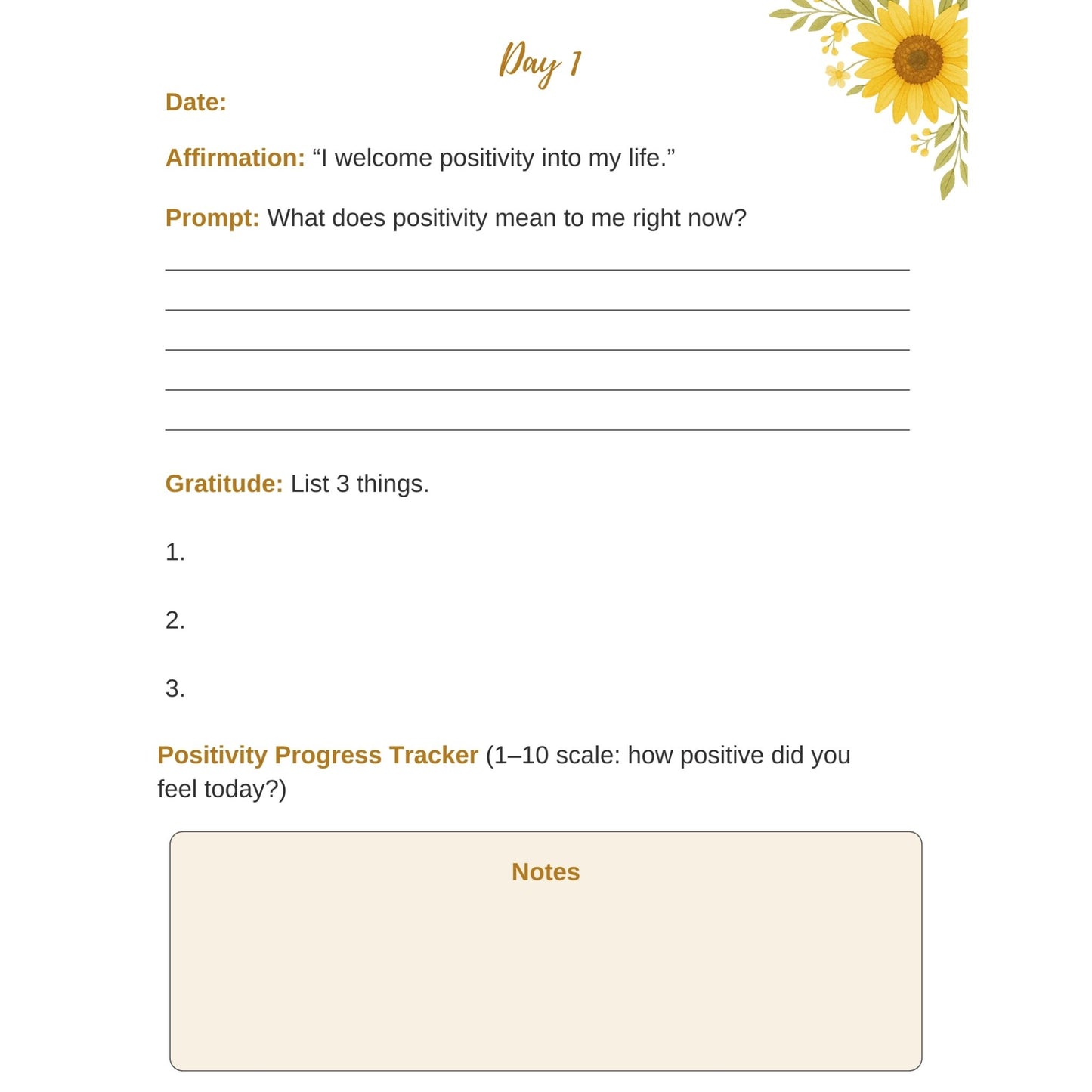 Daily positivity tracker with sunflower design on a white background