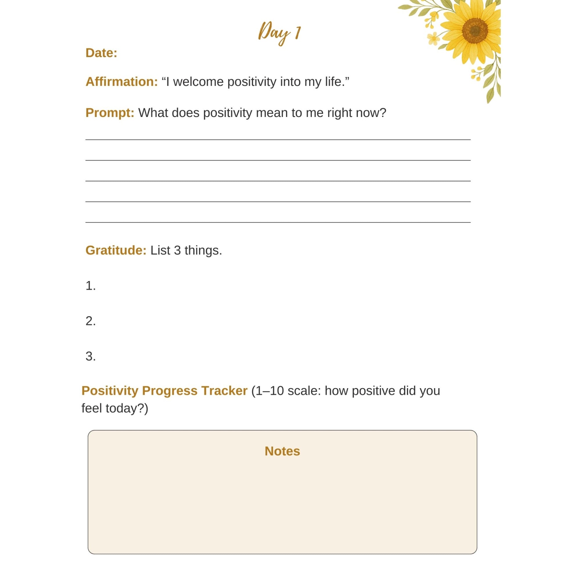 Daily positivity tracker with sunflower design on a white background