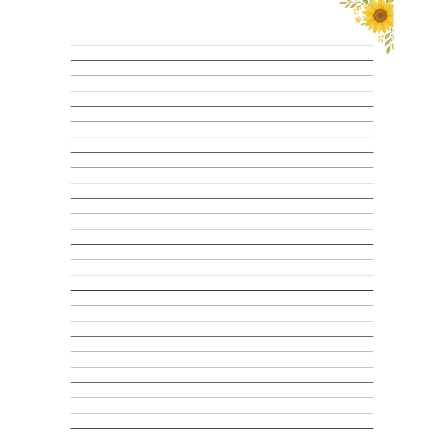 Lined paper with a sunflower design in the corner on a white background