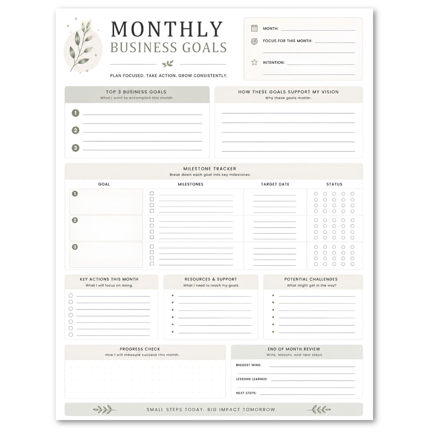 Monthly business goals planner sheet with a white background