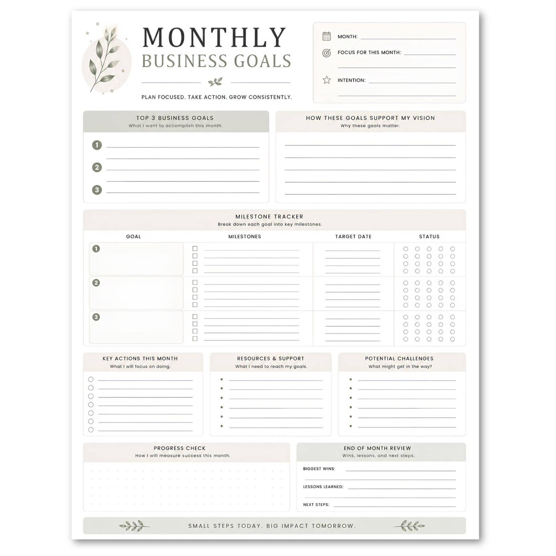 Monthly business goals planner sheet with a white background